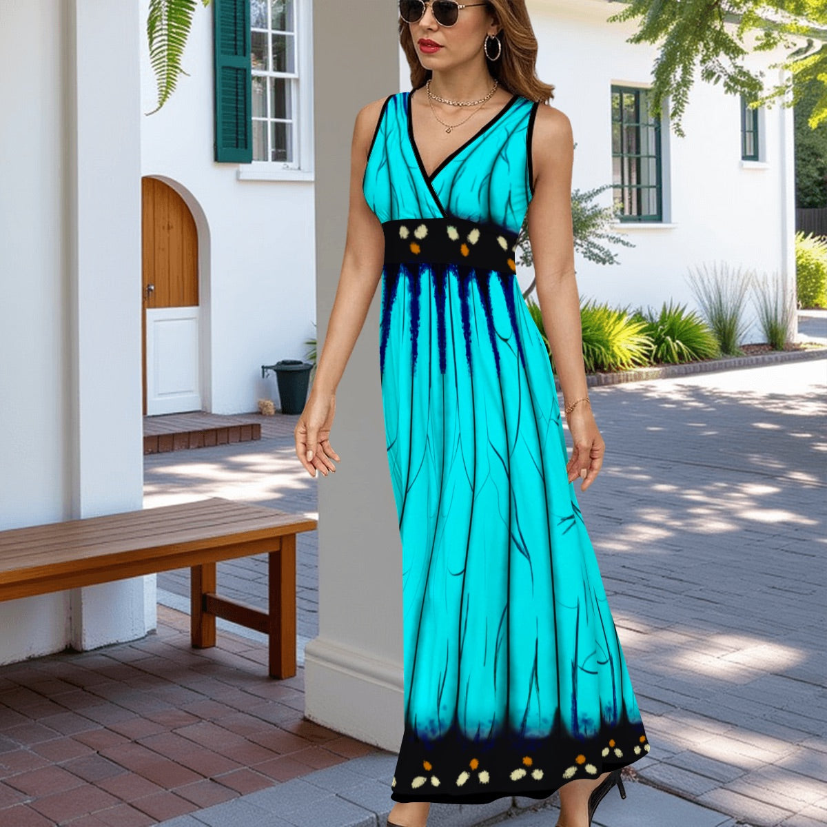 Light Blue Morpho butterfly dress- Sleeveless Maxi