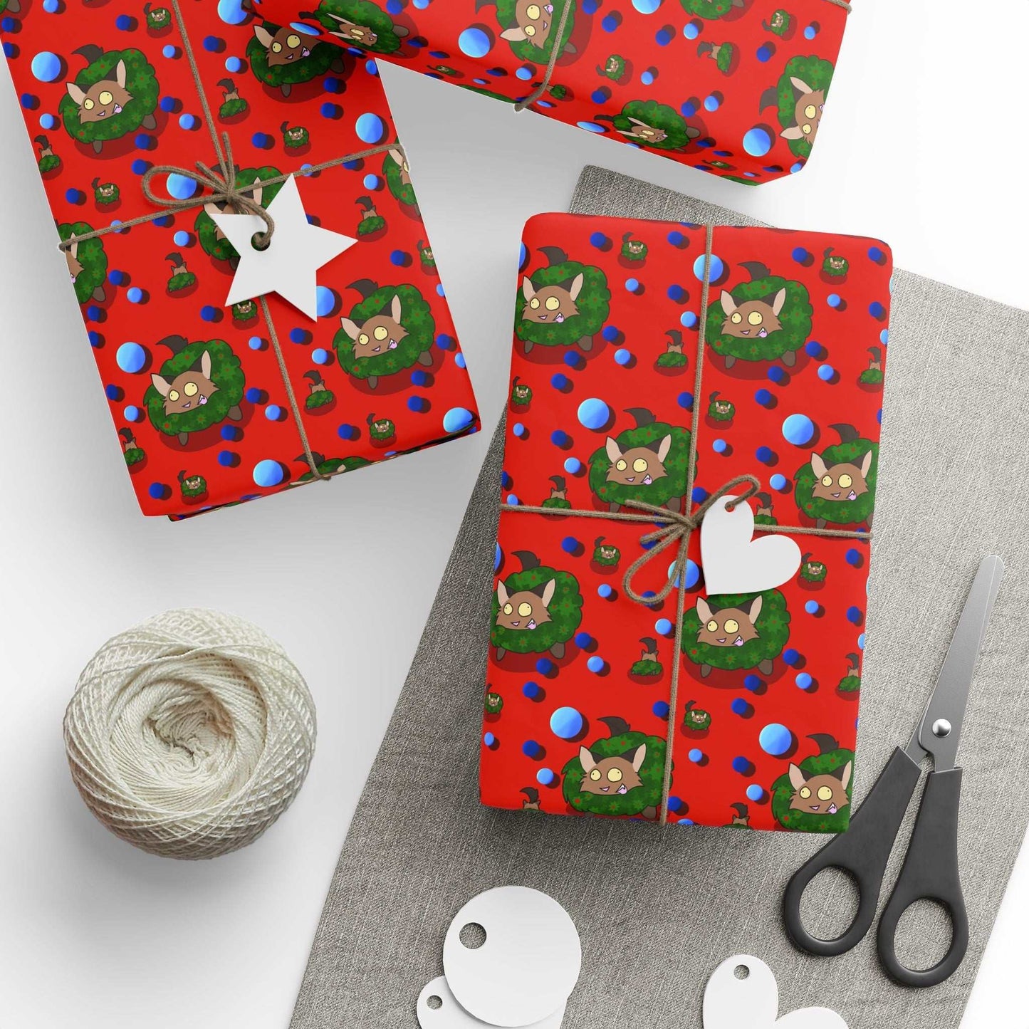 Cat Christmas Wrapping Paper - Red background