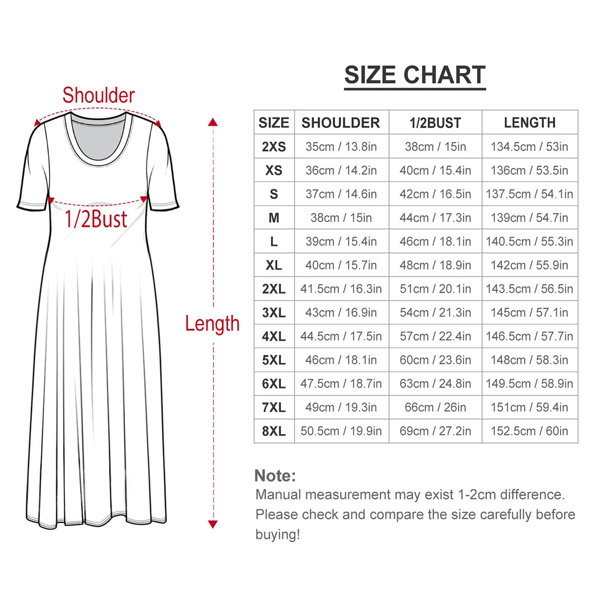 Peacock Dress- Crewneck Maxi Shortsleeve measurement chart