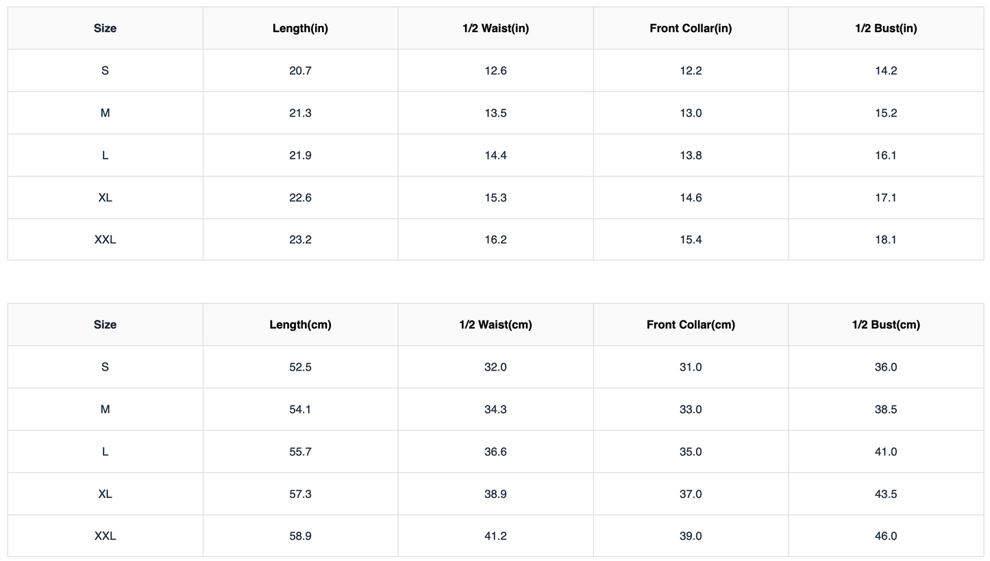 Ice bird dress measurement chart