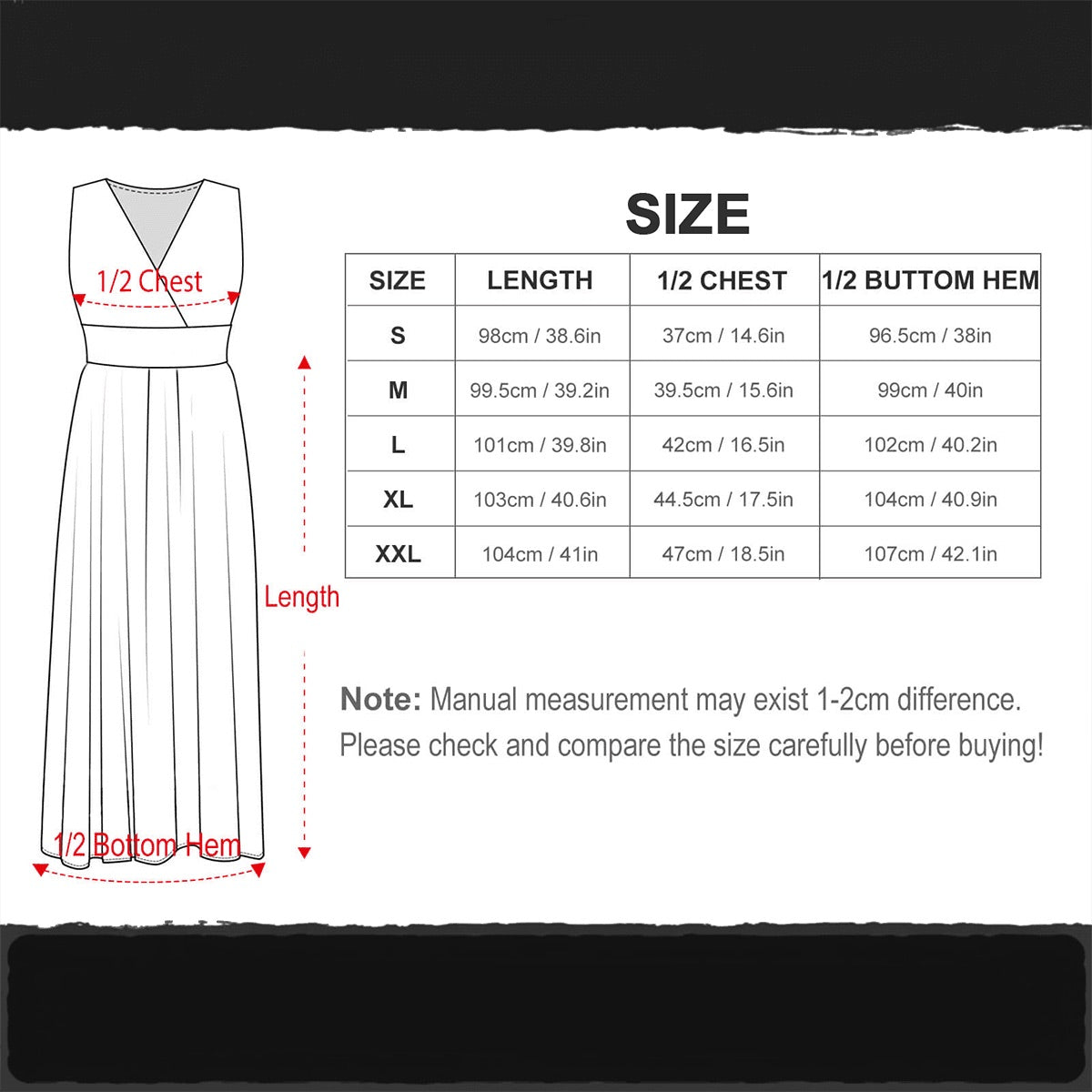 Blue Morpho butterfly Dress - Sleeveless Maxi measurement chart