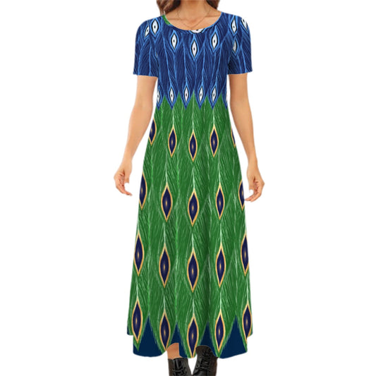 Peacock Dress- Crewneck Maxi Shortsleeve