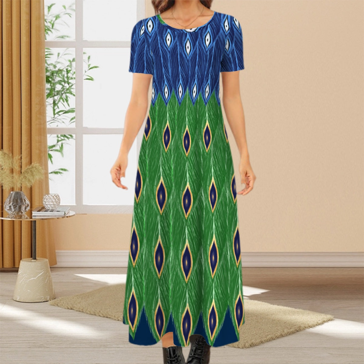 Peacock Dress- Crewneck Maxi Shortsleeve